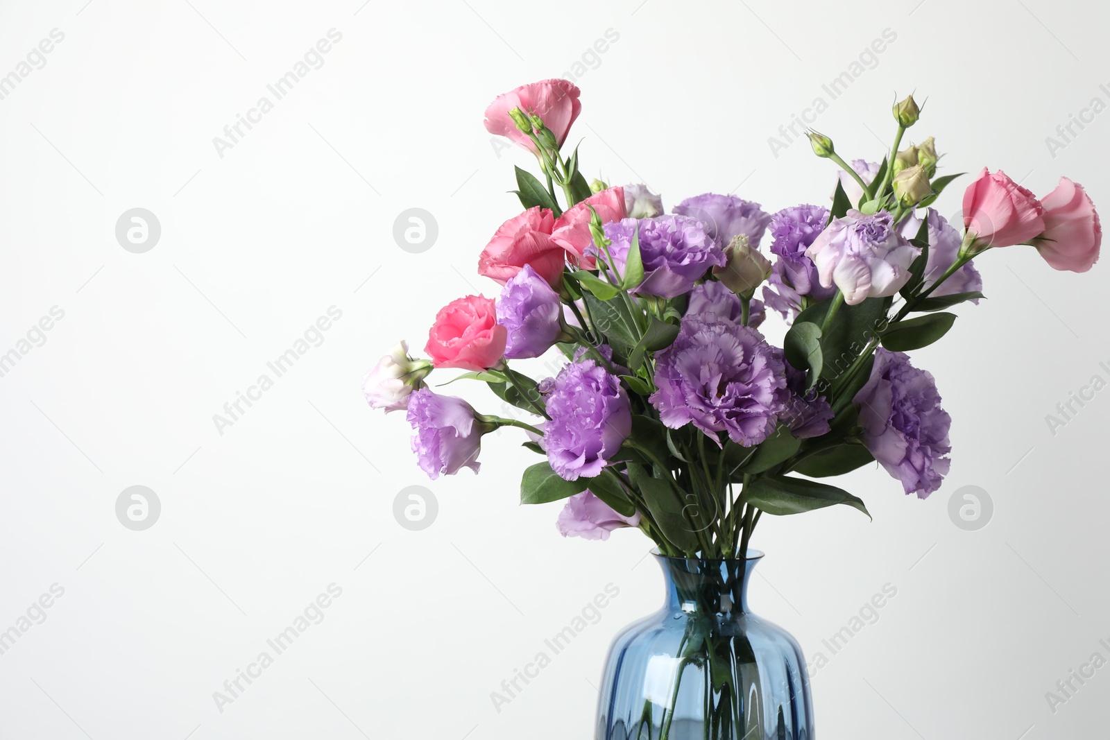 Photo of Vase with beautiful eustoma flowers on light background, space for text