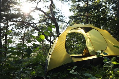 Photo of Modern camping tent in forest at summer, space for text