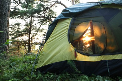 Modern camping tent in forest at summer