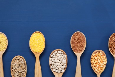 Different types of cereals, seeds and legumes in spoons on blue wooden table, flat lay. Space for text