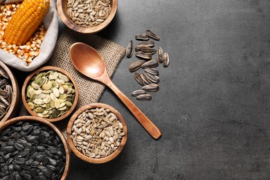 Photo of Different types of seeds and legumes on grey table, flat lay. Space for text