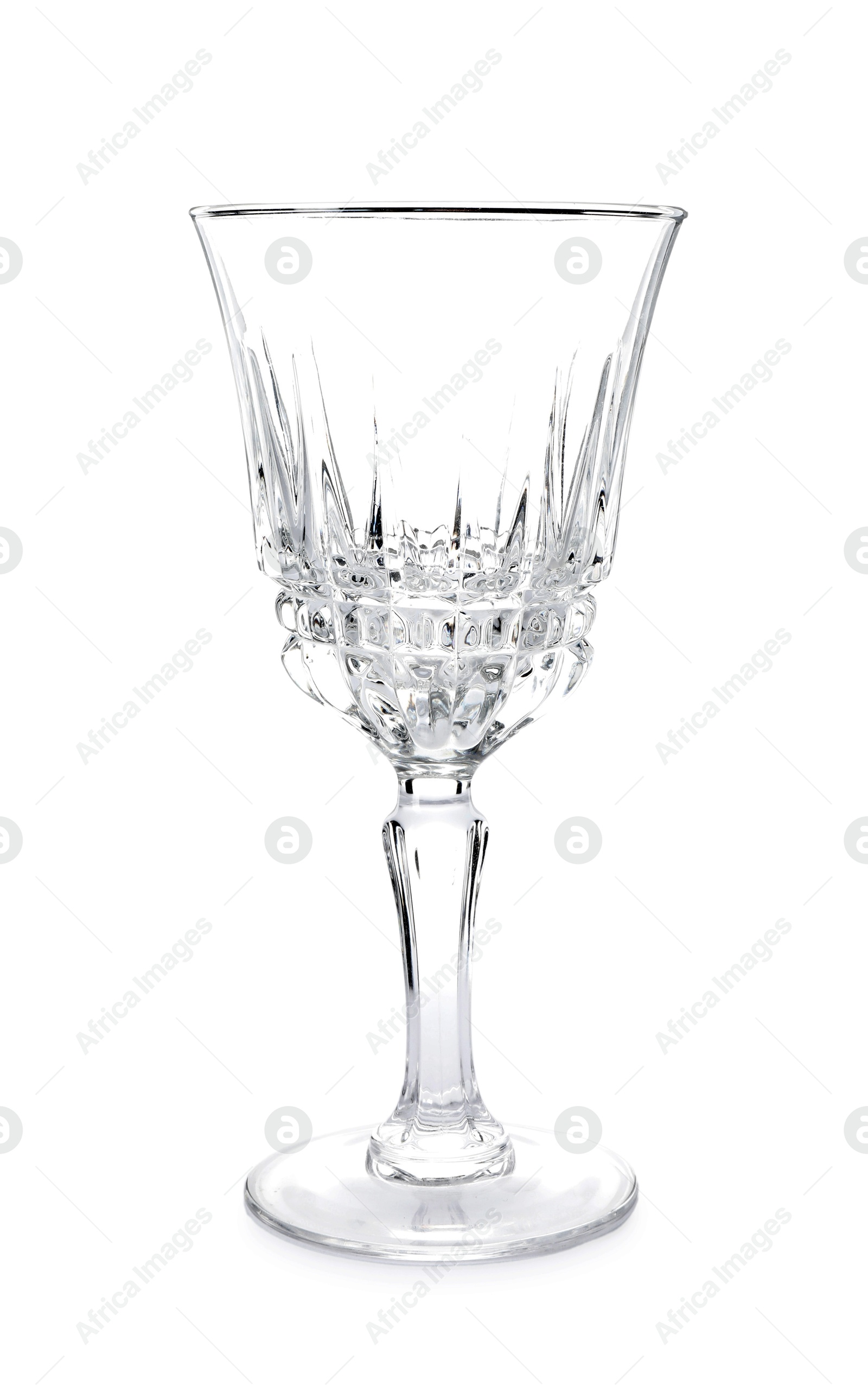 Photo of One empty wine glass isolated on white