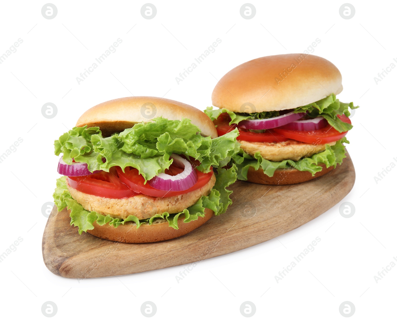 Photo of Delicious vegetarian burgers with chickpea cutlets isolated on white