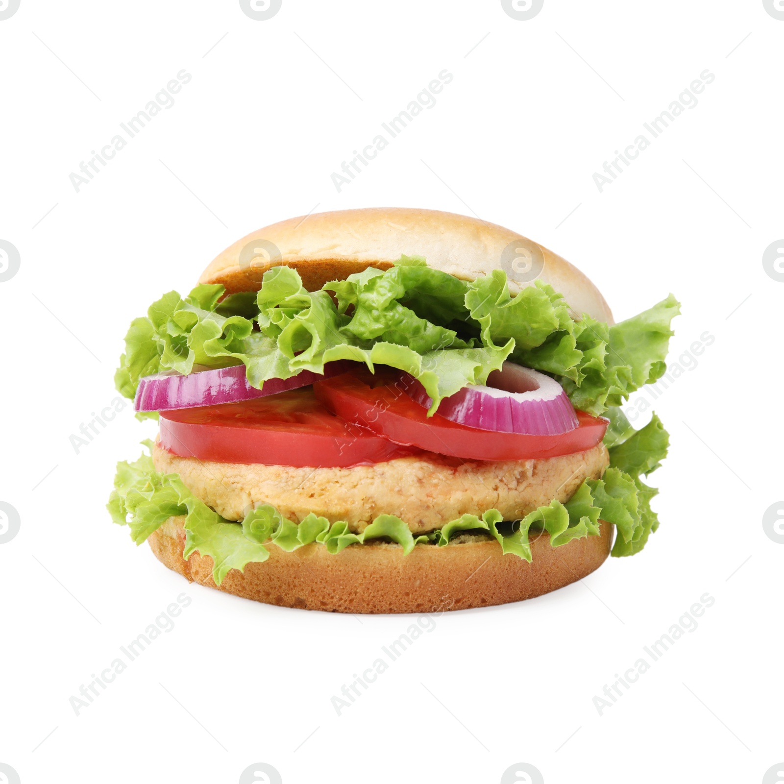 Photo of Delicious vegetarian burger with chickpea cutlet isolated on white