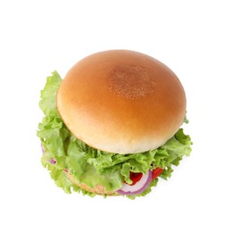 Photo of Delicious vegetarian burger with chickpea cutlet isolated on white