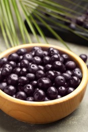 Photo of Ripe acai berries in bowl on grey textured table, closeup