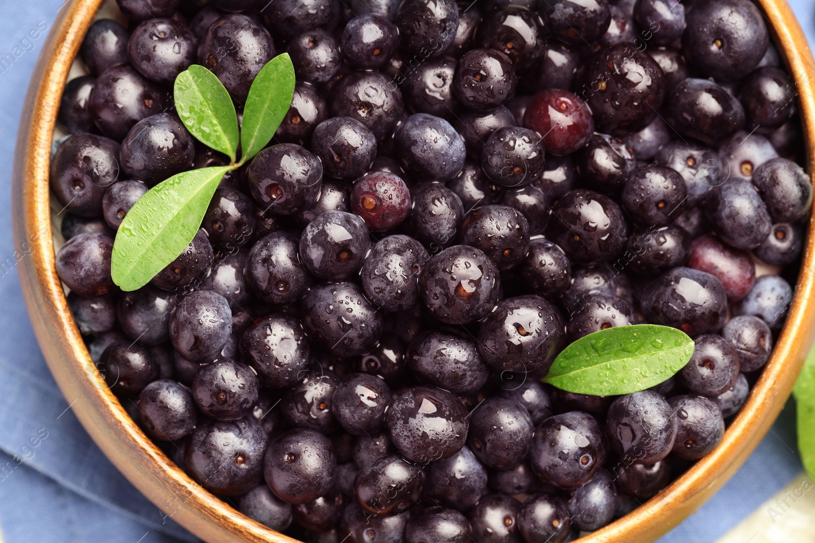 Photo of Ripe acai berries and leaves in bowl on table, top view