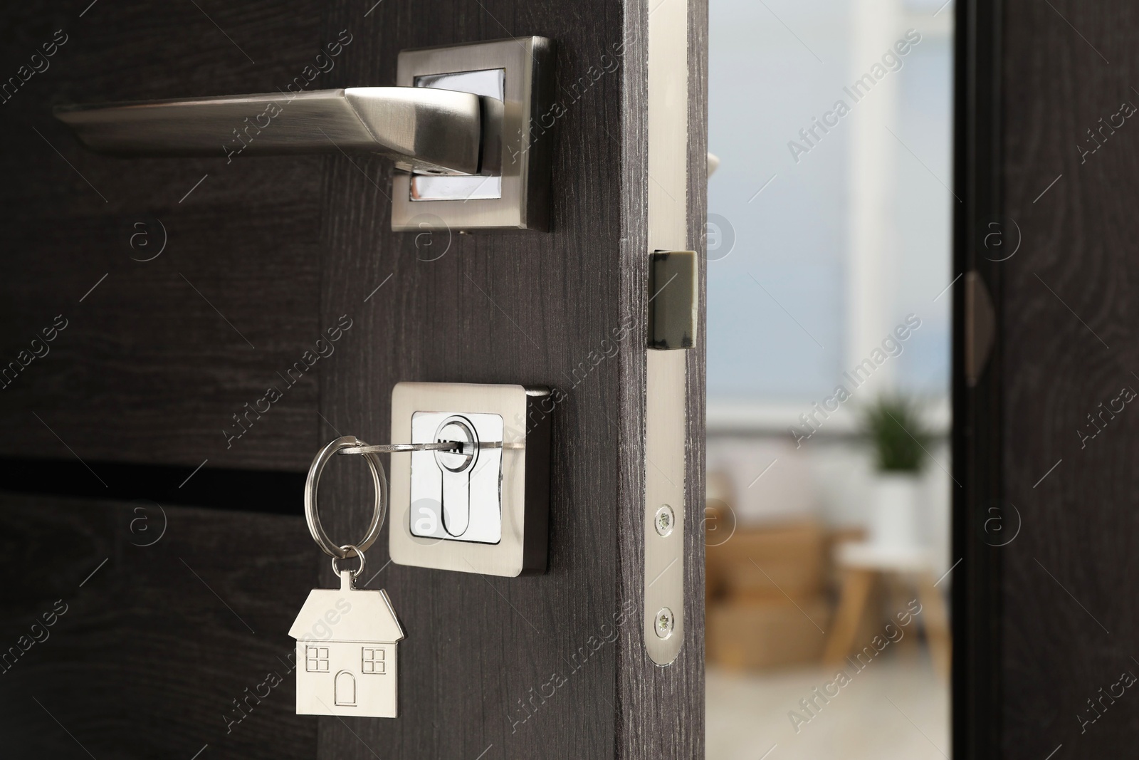 Photo of Open door with key and house shaped keychain, closeup