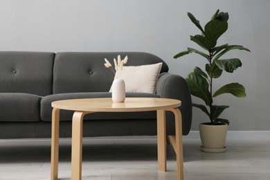 Comfortable sofa, houseplant and table near grey wall in room