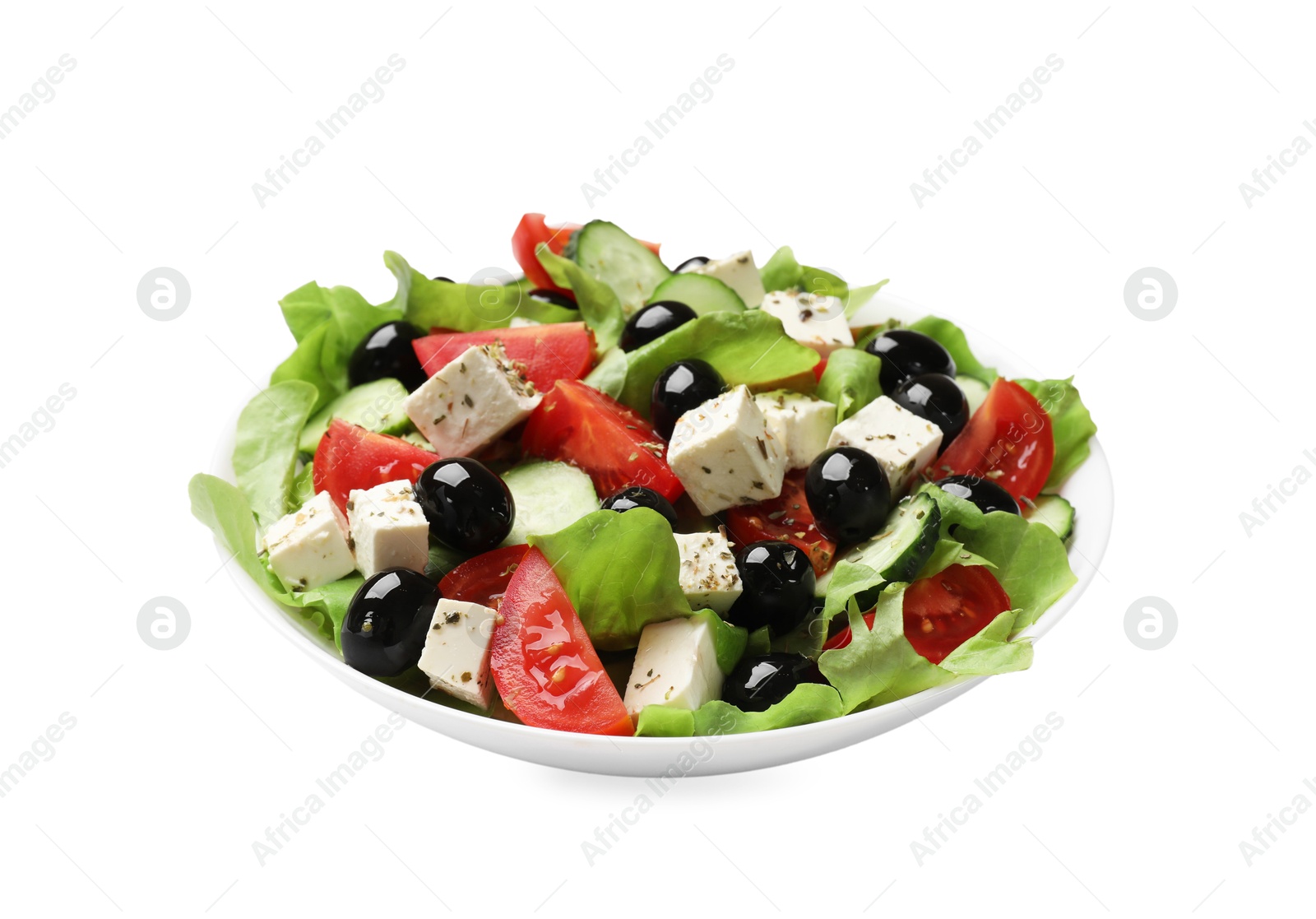 Photo of Delicious salad with feta cheese isolated on white