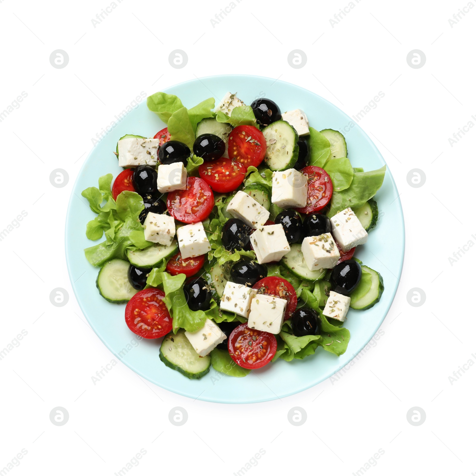 Photo of Delicious salad with feta cheese isolated on white, top view