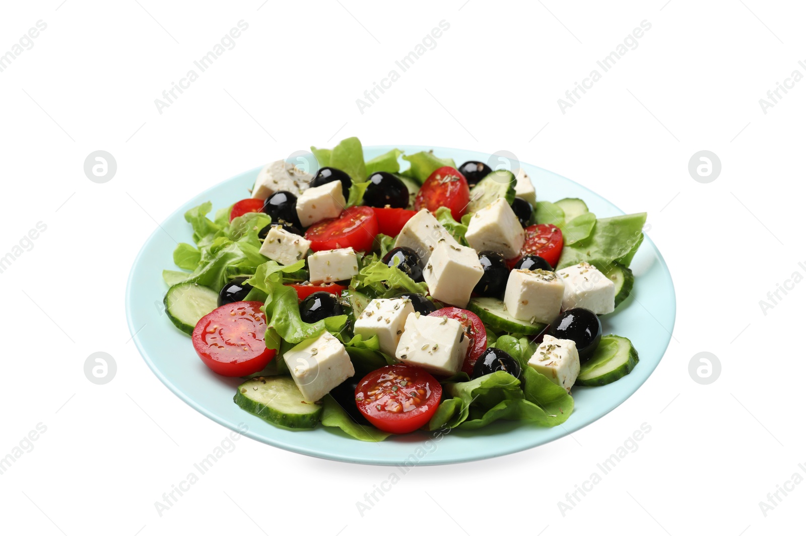 Photo of Delicious salad with feta cheese isolated on white