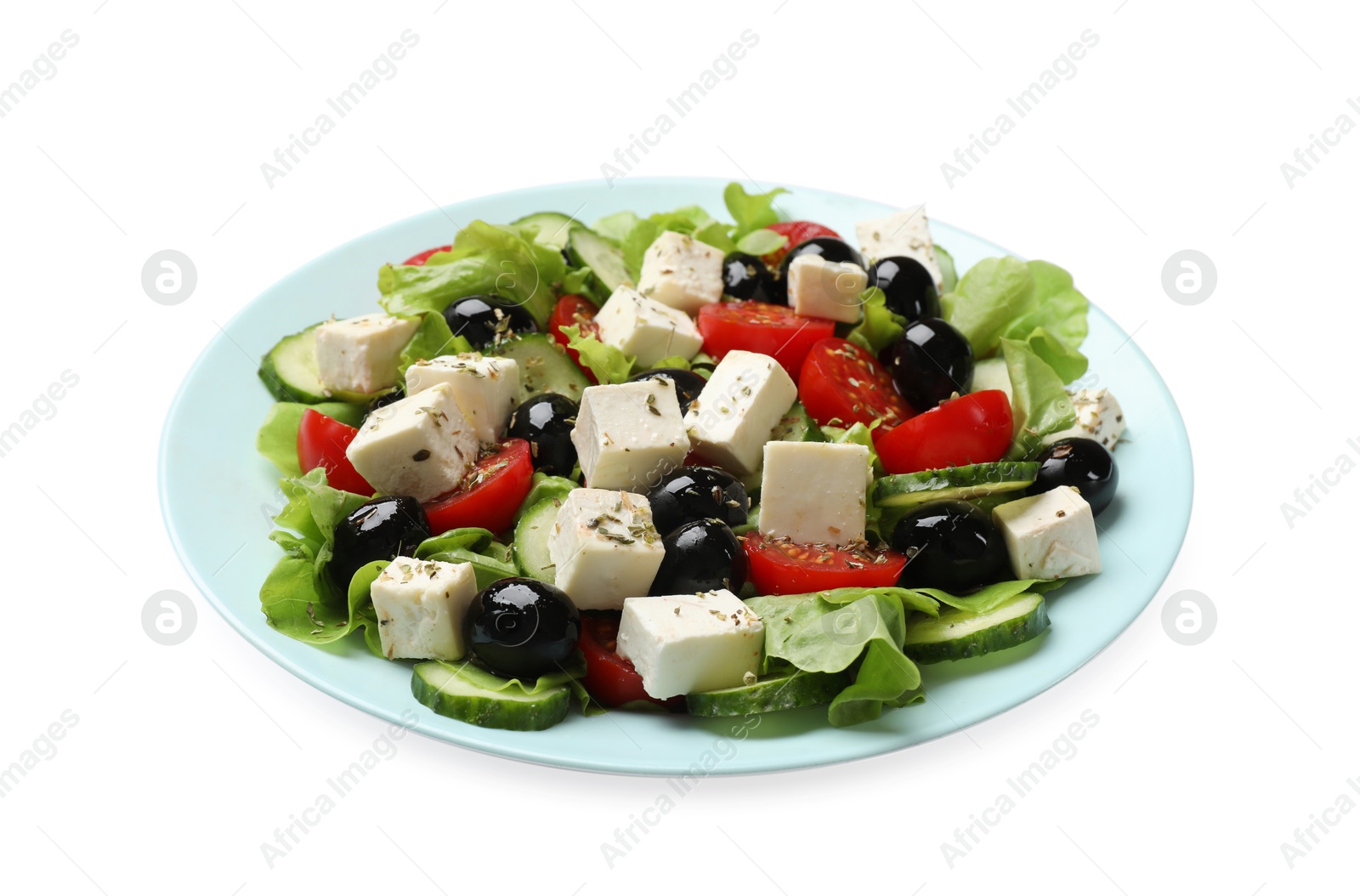 Photo of Delicious salad with feta cheese isolated on white