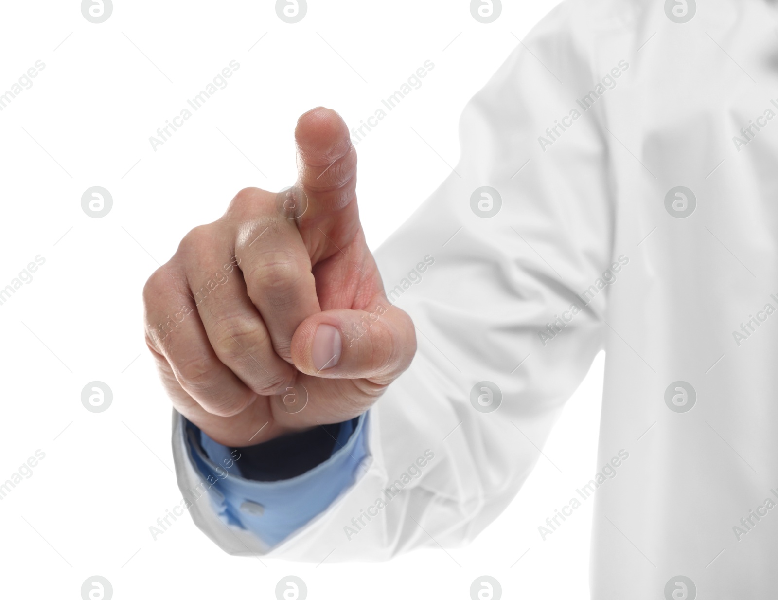 Photo of Doctor pointing at something on white background, closeup