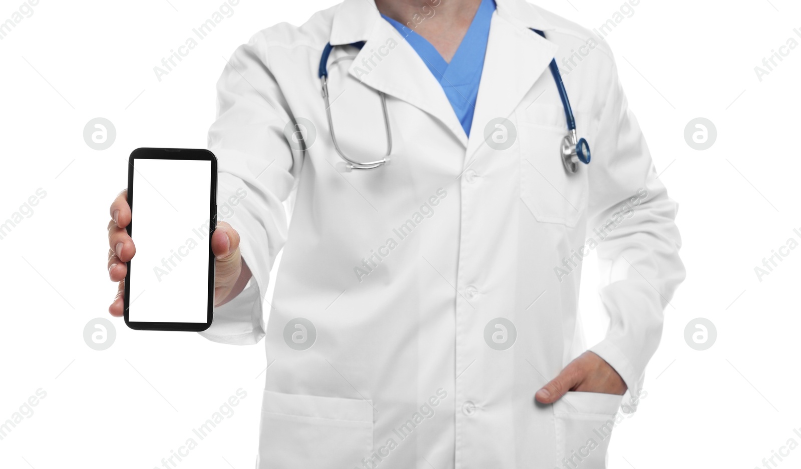 Photo of Doctor showing smartphone with blank screen on white background, closeup. Mockup for design