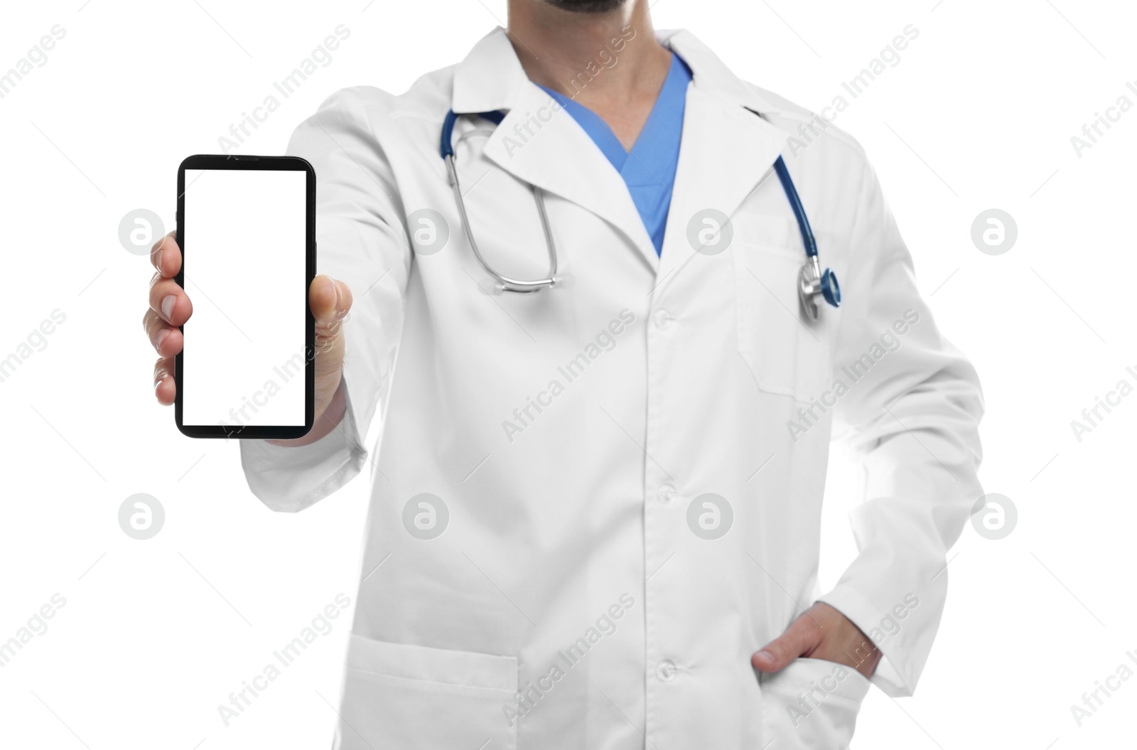 Photo of Doctor showing smartphone with blank screen on white background, closeup. Mockup for design