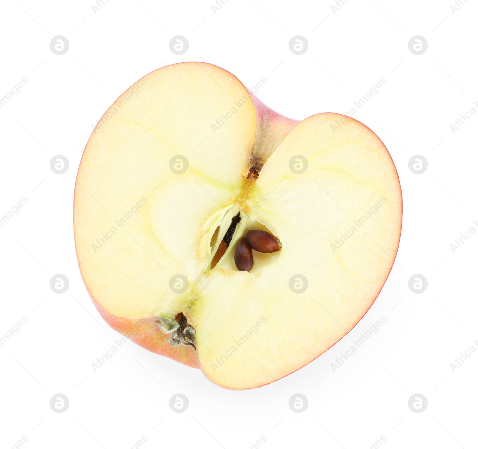 Photo of Half of fresh red apple isolated on white, top view