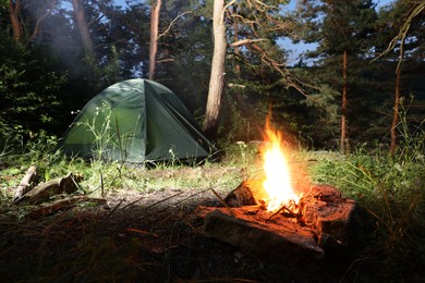 Photo of Bonfire and camping tent in forest at night