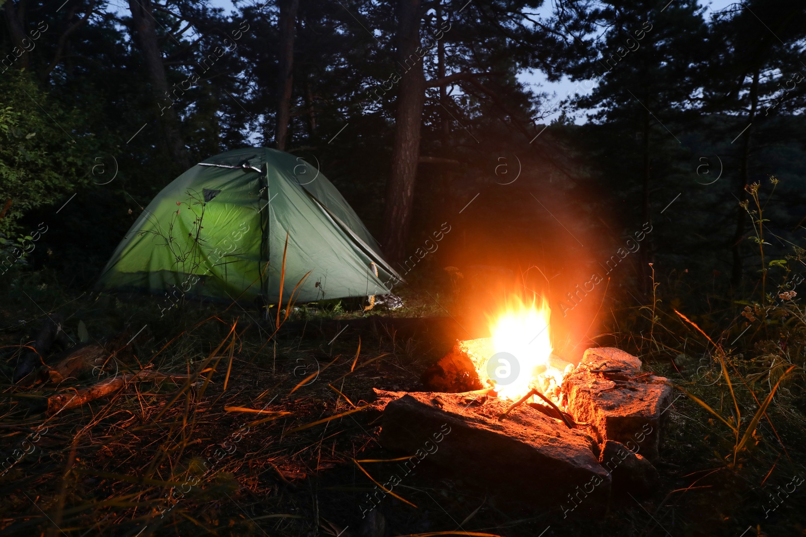 Photo of Bonfire and camping tent in forest at night