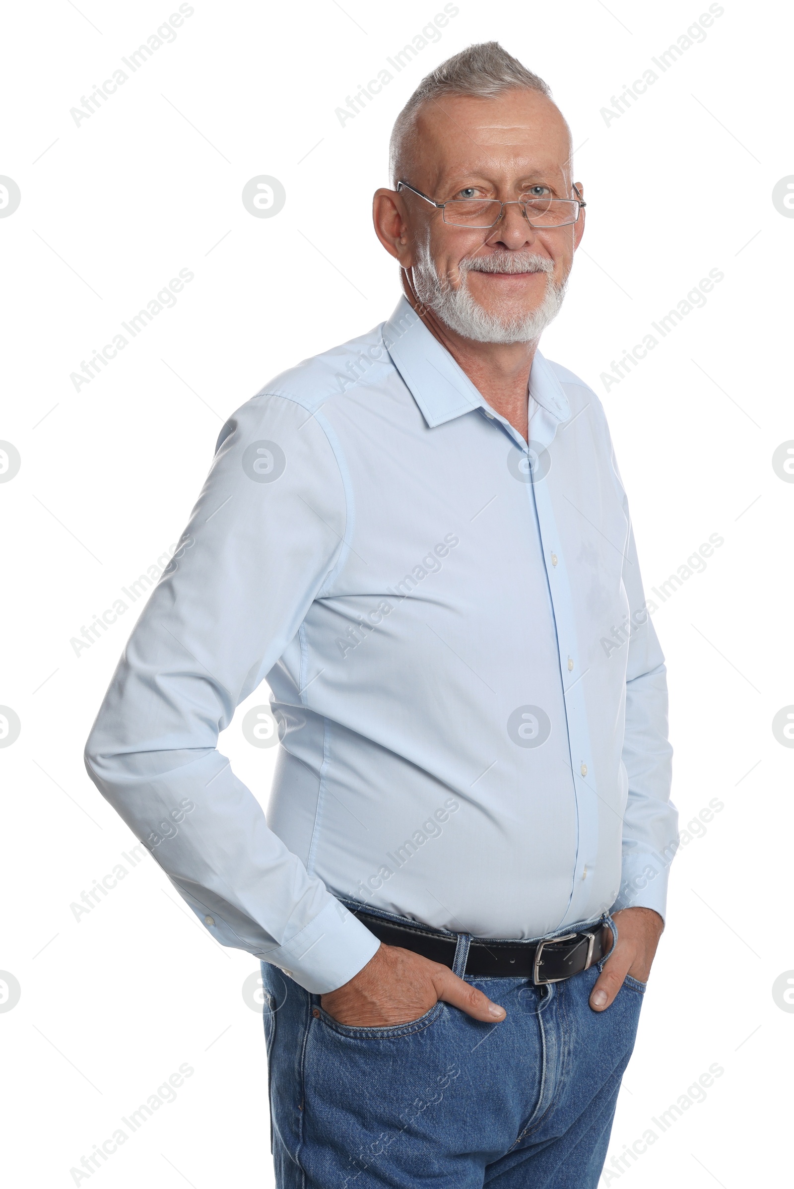 Photo of Portrait of handsome senior man on white background