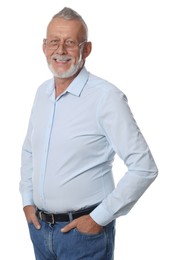 Portrait of smiling senior man on white background