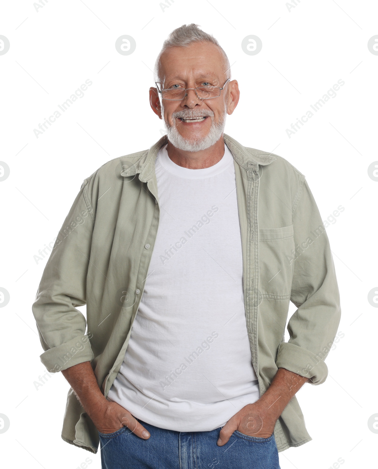 Photo of Portrait of smiling senior man on white background