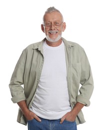 Portrait of smiling senior man on white background