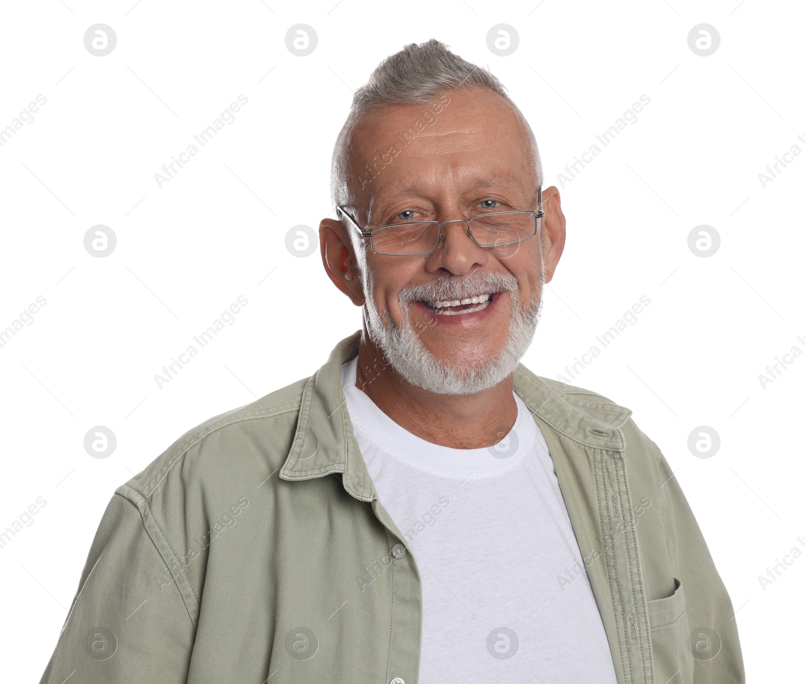 Photo of Portrait of smiling senior man on white background