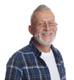 Portrait of smiling senior man on white background