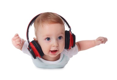 Photo of Cute little baby with headphones on white background