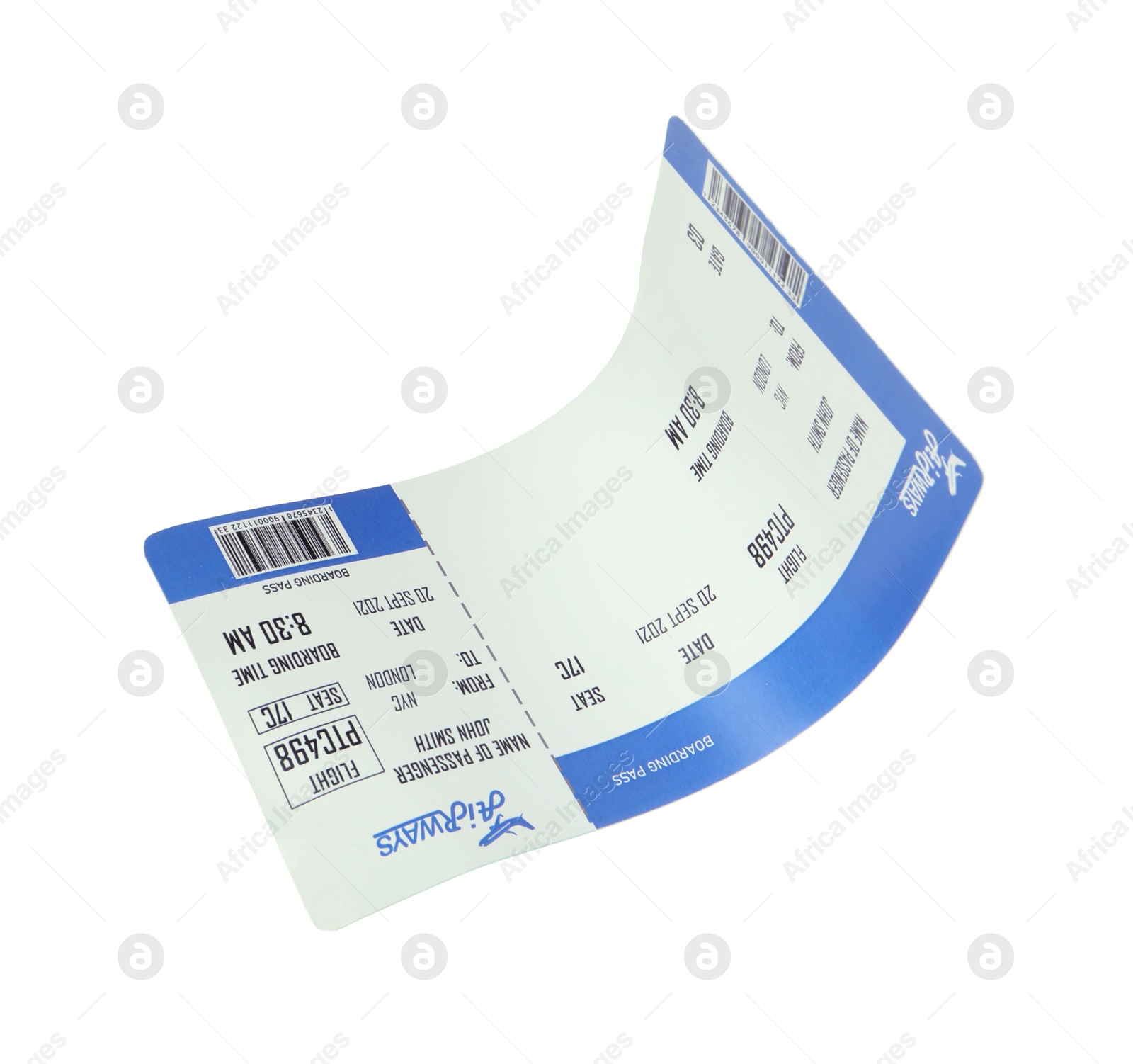 Photo of One airplane ticket isolated on white. Traveling abroad