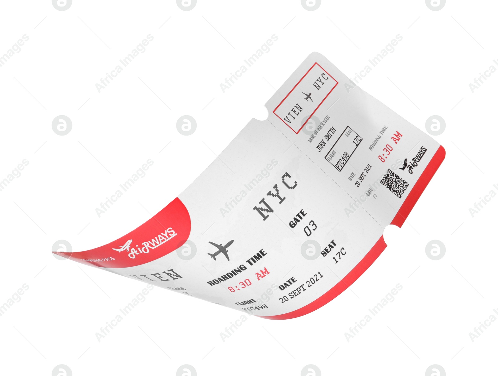 Photo of One airplane ticket isolated on white. Traveling abroad