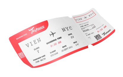 One airplane ticket isolated on white. Traveling abroad