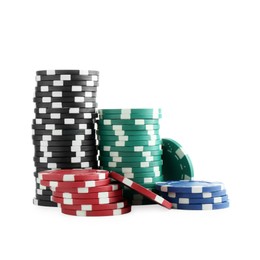 Photo of Poker game. Casino chips isolated on white