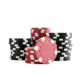 Poker game. Casino chips isolated on white