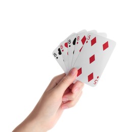 Photo of Poker game. Woman holding playing cards on white background, closeup