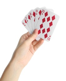 Poker game. Woman holding playing cards on white background, closeup