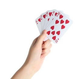 Photo of Poker game. Woman holding playing cards on white background, closeup