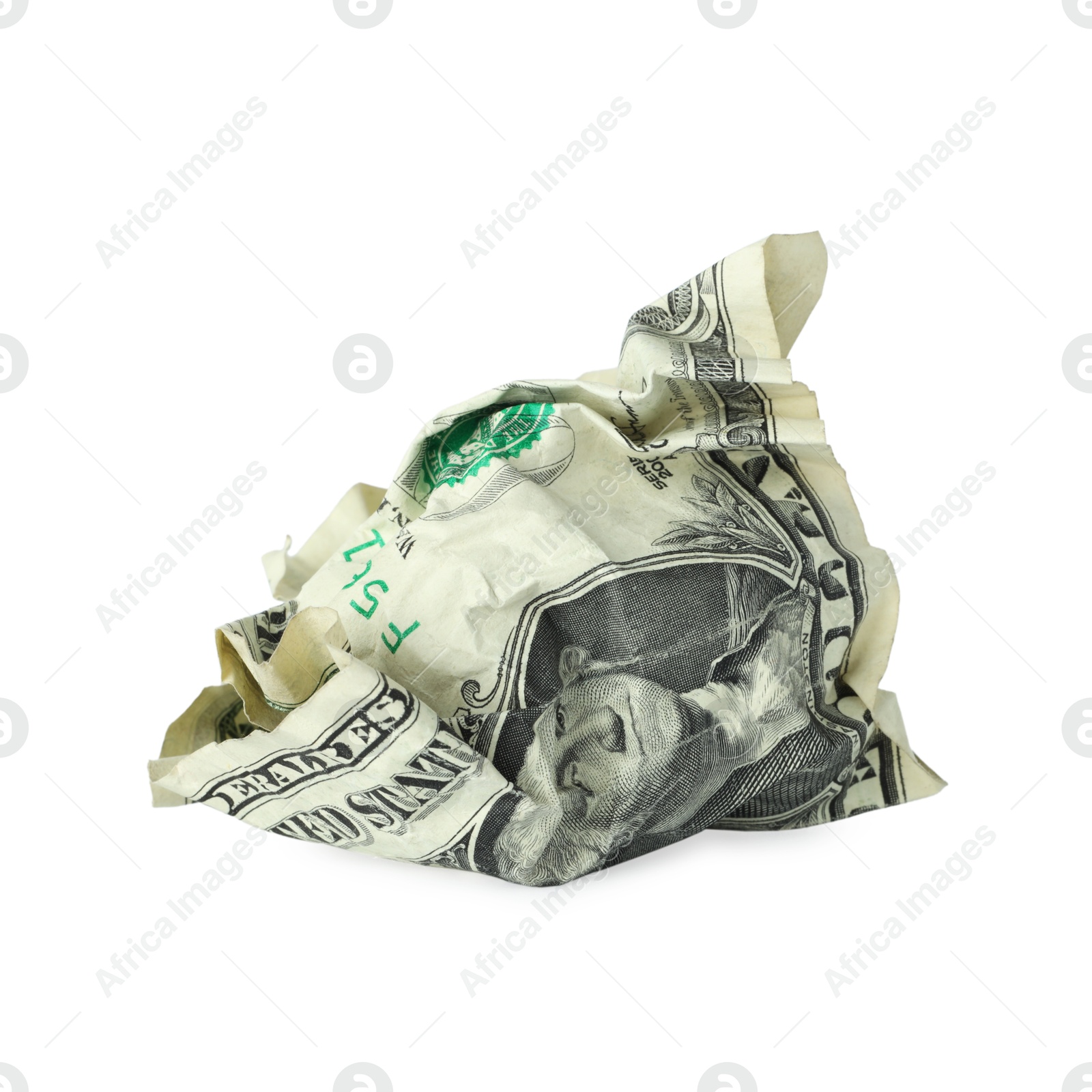 Photo of One crumpled dollar bill isolated on white