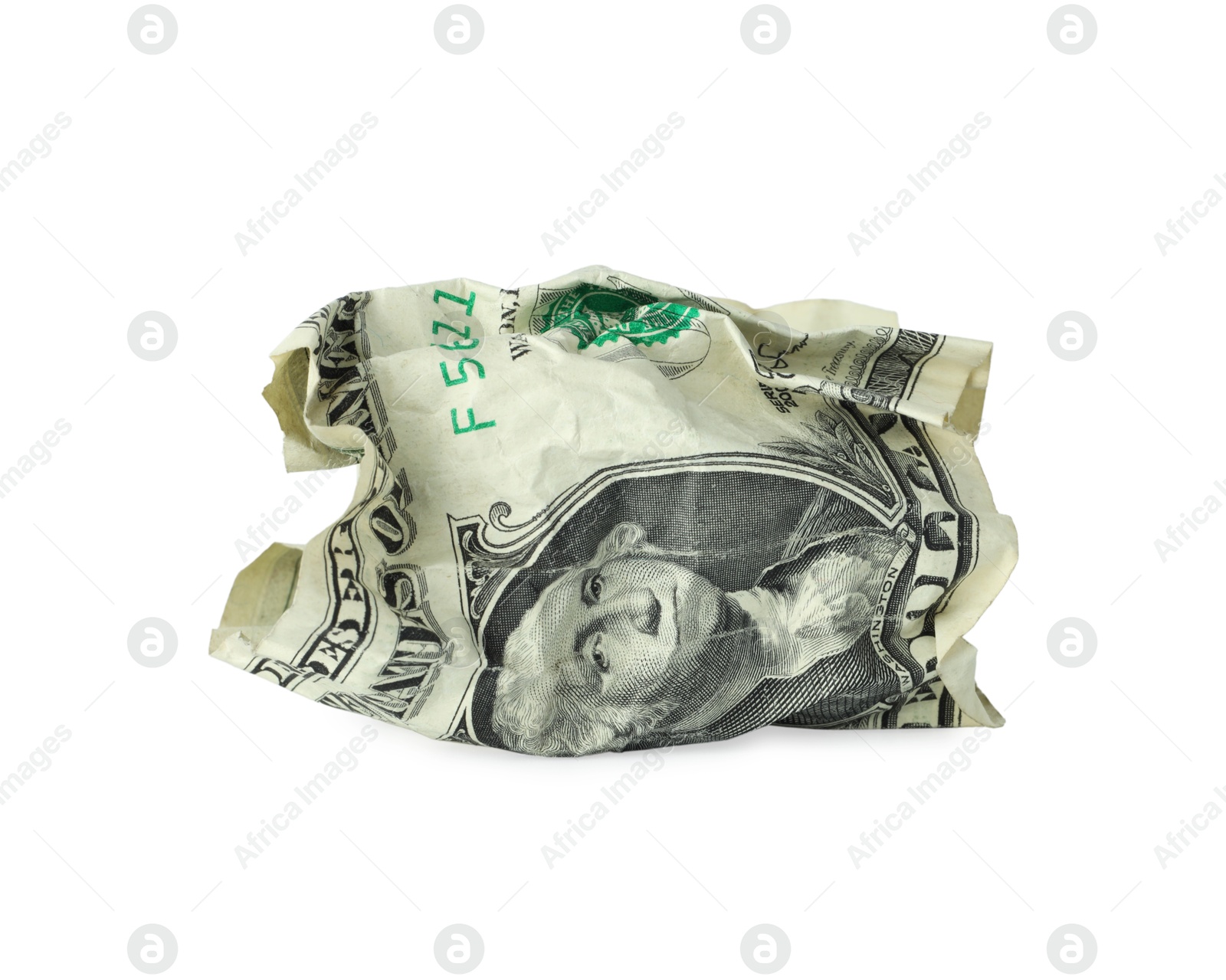 Photo of One crumpled dollar bill isolated on white