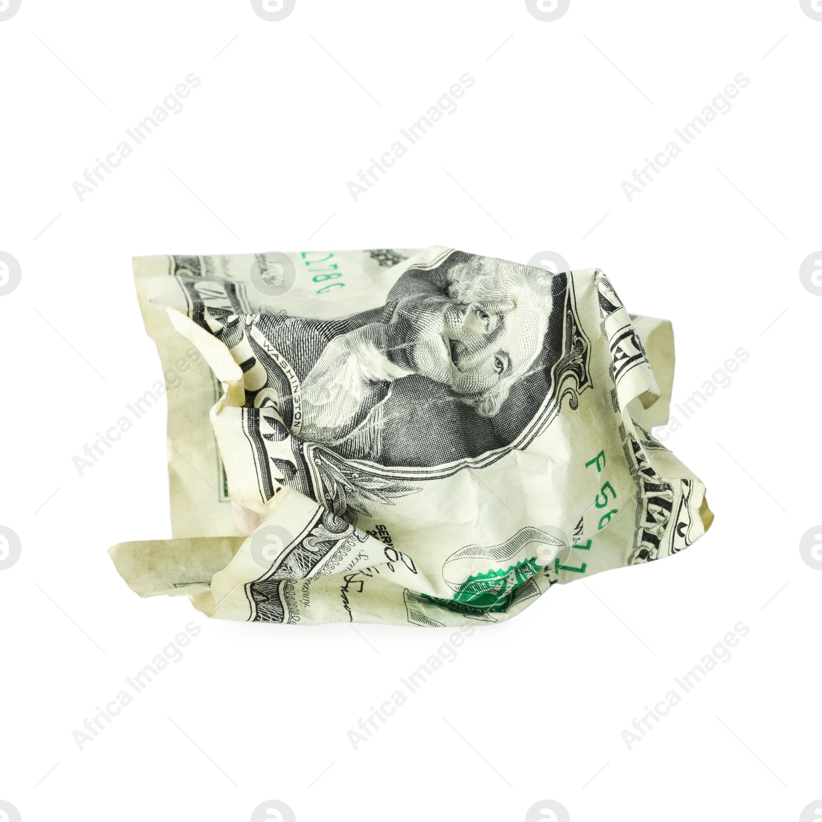 Photo of One crumpled dollar bill isolated on white