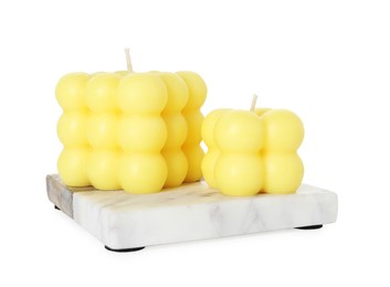 Photo of Two yellow bubble candles isolated on white