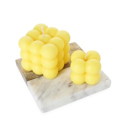 Photo of Two yellow bubble candles isolated on white