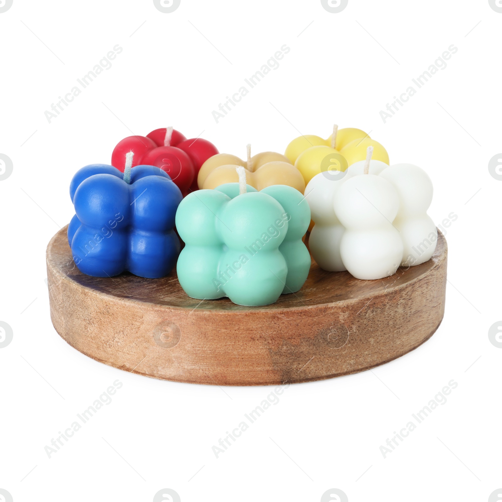 Photo of Many colorful bubble candles isolated on white