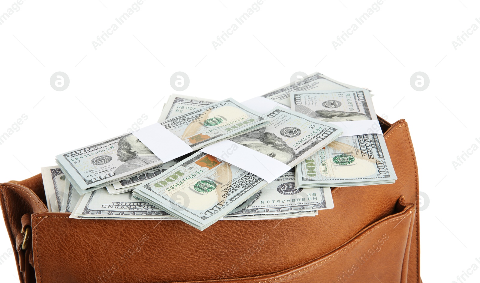 Photo of Dollar banknotes in leather bag isolated on white