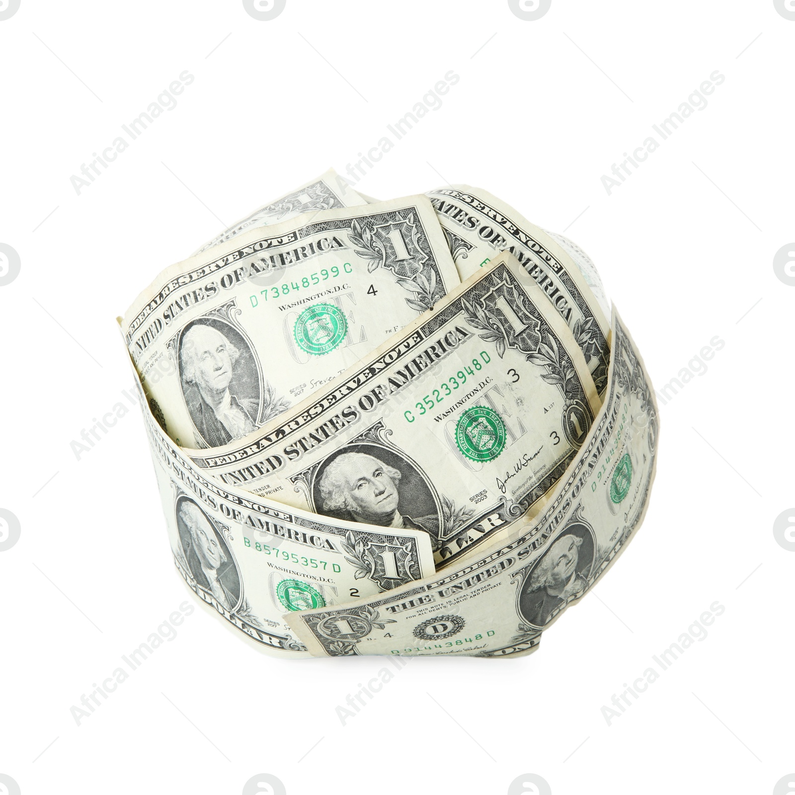 Photo of Ball made of dollar banknotes isolated on white