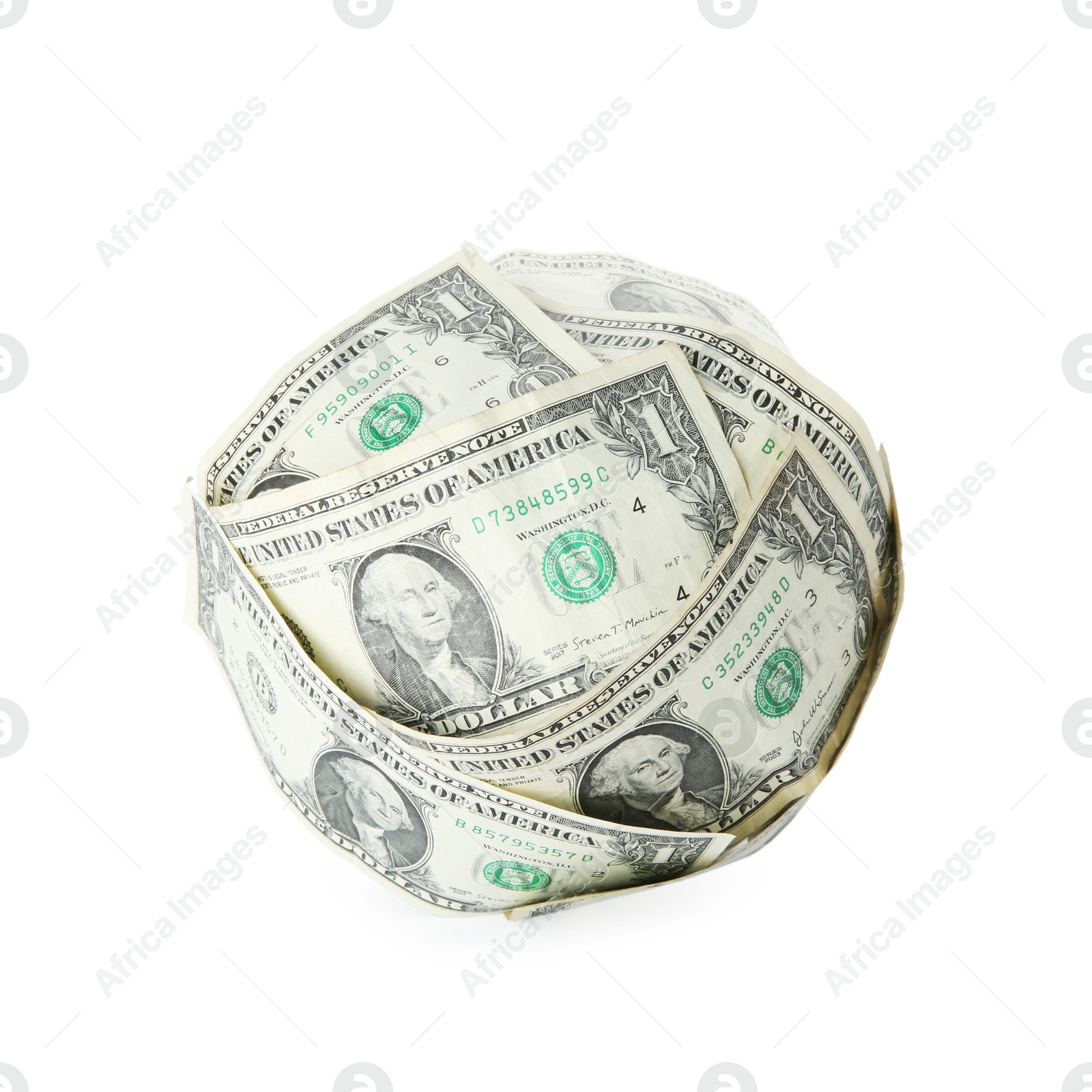 Photo of Ball made of dollar banknotes isolated on white