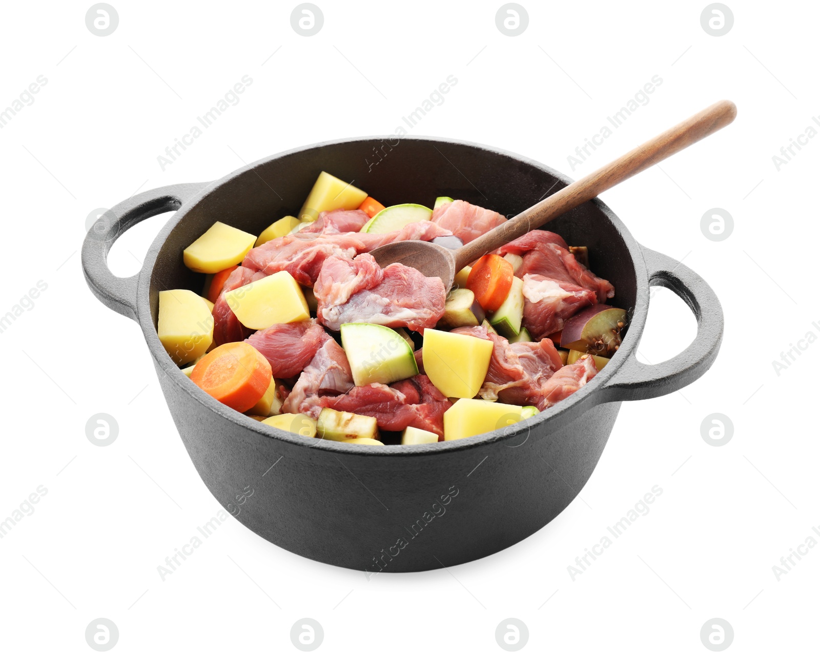 Photo of Cooking stew. Uncooked meat and vegetables in pot isolated on white