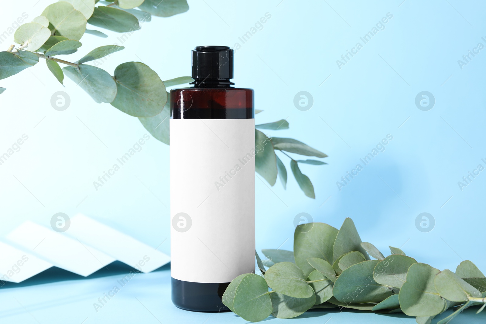 Photo of Shampoo in bottle and green eucalyptus leaves on light blue background