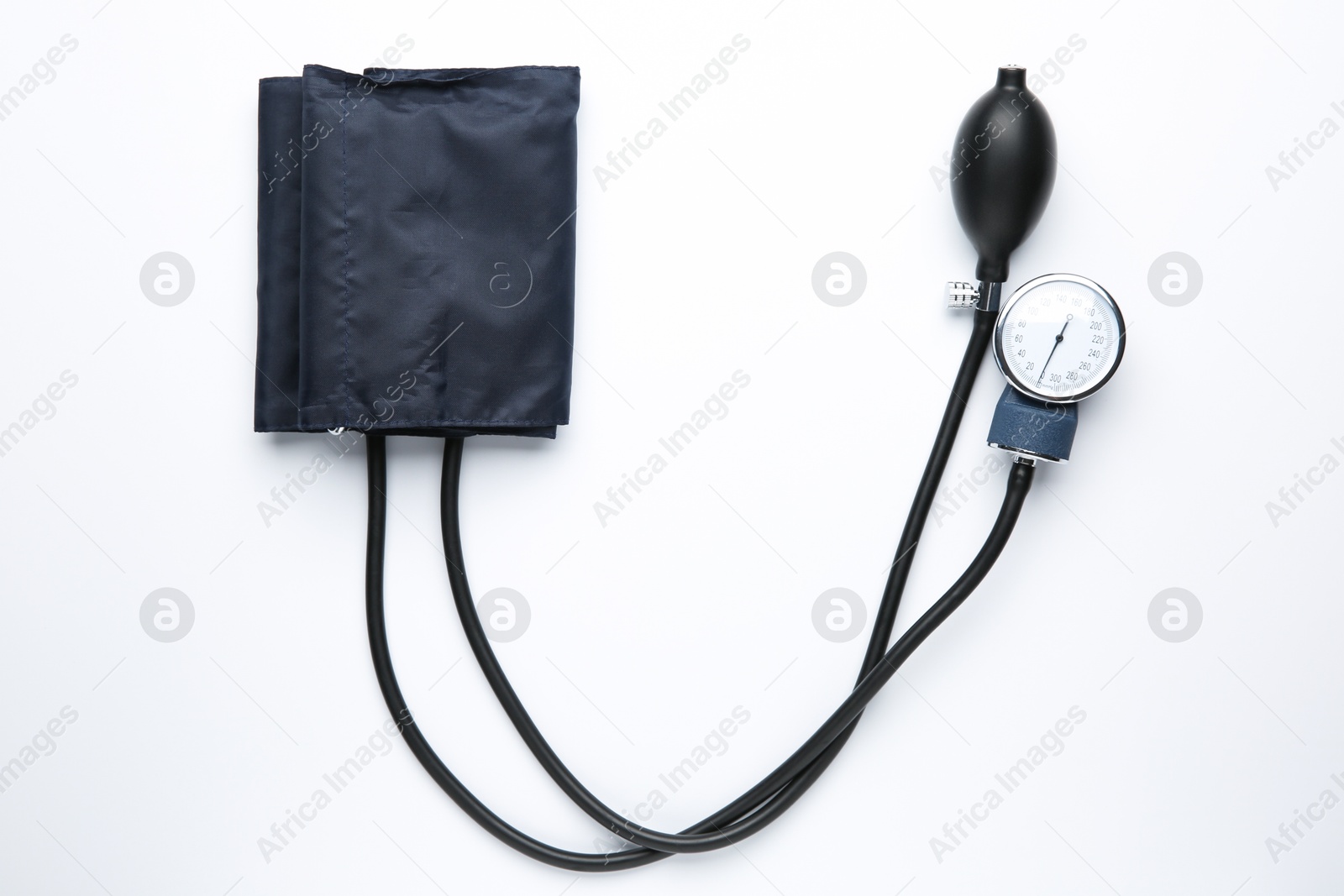 Photo of Blood pressure measuring device on light background, top view